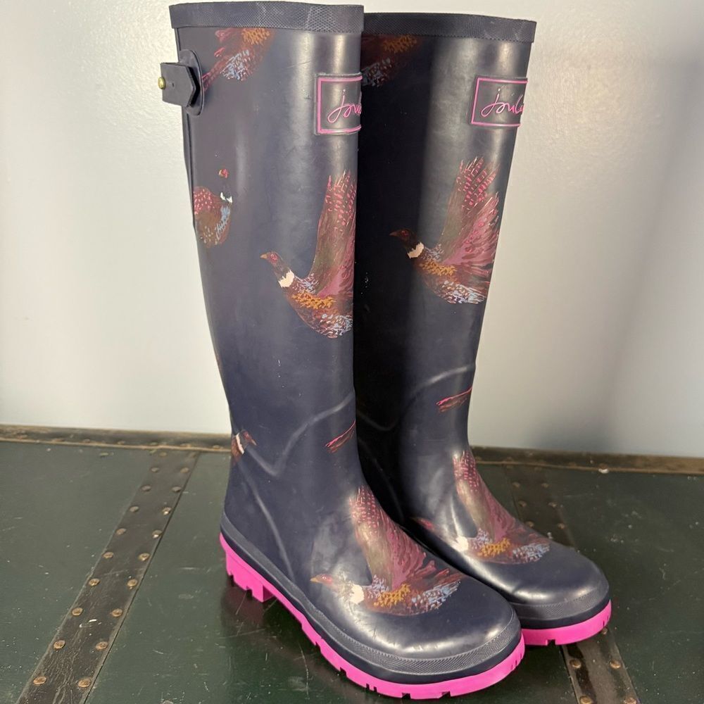 Joules Rain Boots Wellies Blue Bird Womens US Size 5